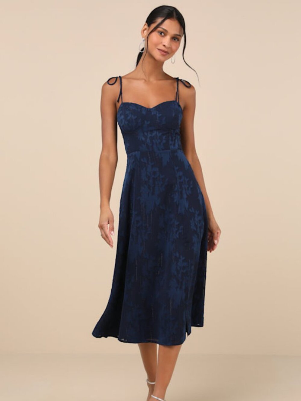 Lulus Loveliest Looks Navy Blue Floral Jacquard Tie-strap Midi Dress - Size XL